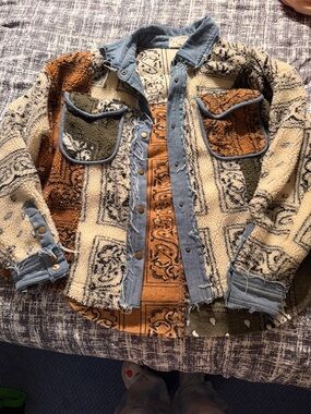 Oli & Hali Patchwork Sherpa Jean Trim Jacket in Cream, Rust, Olive & Denim